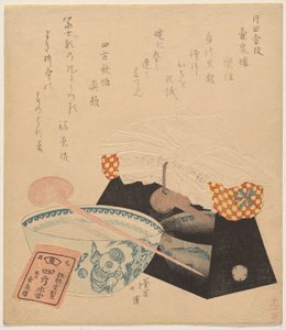 Nature morte avec un oreiller sur son support en laque et un bol en porcelaine - Totoya Hokkei