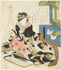Femme regardant des canards, ou Le corps vertueux (Shin), de la série "Trois œuvres de trois esthétiques (San tai san ban shoku)" - Totoya Hokkei
