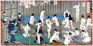 Scène de maison de bain, une estampe de Toyohara Kunichika, 19e siècle - Toyohara Kunichika