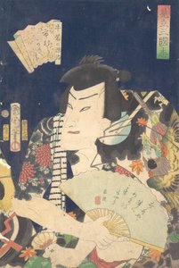 Ichimura Kakitsu IV en tant que Ushiwaka no Genji dans la pièce de Kabuki Une Parodie du Rom - Toyohara Kunichika