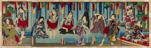Étoiles de Kabuki devant une gracieuse cascade (Arigataki megumi no hanagata) - Toyohara Kunichika