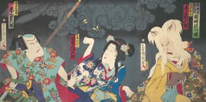 Onoe Kikugoro V en Otowake Neko no ke à droite, Bando Mitsugoro IV en Aisho Michinoku Cent, 1870 - Toyohara Kunichika