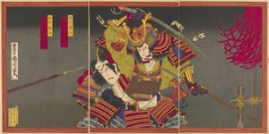 Les acteurs Ichikawa Sadanji I comme Imagawa Yoshimoto et Onoe Kikugoro V comme Mori Shinsuke - Toyohara Kunichika