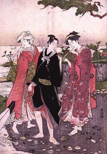 Deux filles et un jeune homme sur une plage, pub. c.1780