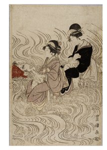 Fête de courtisanes traversant une rivière agitée