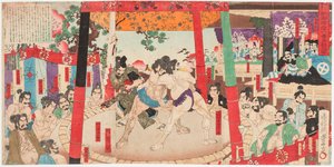 Combat de sumo devant Toyotomi Hideyoshi et Kato Kiyomasa - Toyonobu Utagawa