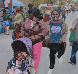Courses en famille (Deptford, Londres), 2018 (huile sur panneau)
