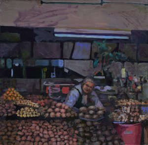 Étalage de pommes de terre (Quito, Équateur), 2015 (huile sur carton) - Trevor Burgess