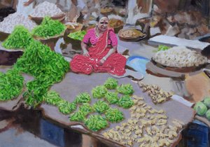 Vente de piments et de gingembre (Thane, Mumbai), 2016 (huile sur toile) - Trevor Burgess