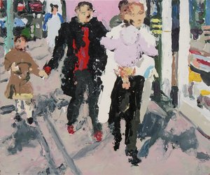 Acheteurs avec enfants, 2003 (huile sur carton) - Trevor Burgess