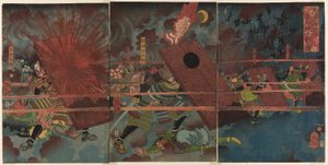 La bataille de Jinju lors de la conquête de la Corée par Masakiyo (Masakiyo Sankan taiji, Shinshujo kassen no zu) - Tsukioka Yoshitoshi