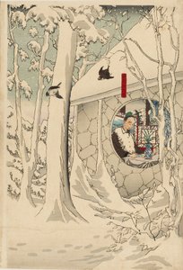 Estampe sur bois triptyque - Gentoku visitant Komei dans sa retraite, sous une tempête de neige, fin du 19ème siècle - Tsukioka Yoshitoshi