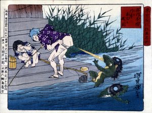 Yodo Gawakré : le fantôme de la rivière devinant sur les fesses (Kappa) par Tsukioka Yonejiro - Tsukioka Yoshitoshi
