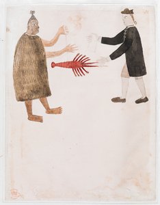 Add MS 15508 [Dessin n°12] Un Maori échangeant une écrevisse avec un officier de marine anglais, 