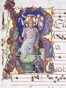 Très grande lettre historiée "A", montrant la Résurrection, vers 1400-1450