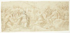 Une assemblée de saints sur des nuages, tous regardant vers le haut. Probablement le registre inférieur d