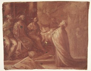 Jésus remet une mitre à une femme sur un trône entourée de deux femmes (allégorie) - Ubekendt