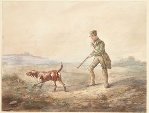 Paysage avec un chasseur et son chien - Ubekendt