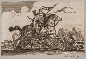 Cavalier ottoman avec lance et arc. En arrière-plan, une bataille de cavaliers - Ubekendt