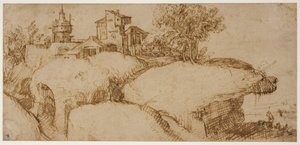 Paysage rocheux avec bâtiments et berger avec son troupeau