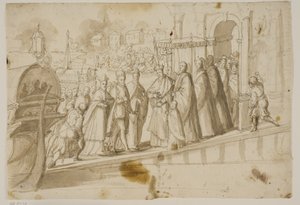 Le roi Henri III, le doge Alvise Mocenigo et le cardinal San Sisto reçus par le patriarche vénitien Giovanni Trevisan sur le Lido à Venise - Ubekendt Ubekendt