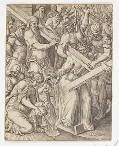 Christ portant la croix et le miracle du voile de Véronique - Ubekendt efter Dirck Volckertsz. Coornhert efter Maarten van Heemskerck