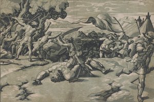David et Goliath, vers 1520-27. - Ugo da Carpi