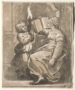 Sibylle lisant avec un enfant tenant une torche - Ugo da Carpi