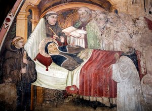 La mort de Sainte Scholastique (v. 480- v. 543), sœur de Saint Benoît de Nursie Elle est entourée de moines bénédictins. Fresque de l
