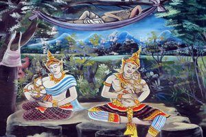 20151029, Vientiane, Laos : Temple bouddhiste Wat Inpeng. Peinture représentant l