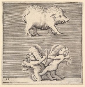Un cochon ceinturé et deux cupidons ou génies avec un papillon ou un papillon de nuit, publié ca. 1599-1622
