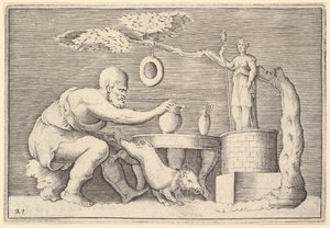 Un Faune ou Satyre préparant un cochon pour le sacrifice, publié vers 1599-1622