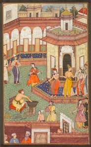 Un homme plonge sa main dans un chaudron alors que les dames du harem sont stupéfaites..., vers 1600 - Unbekannt