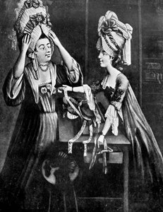 Boutique de modiste, Mme Monopolize, la femme du boucher, achetant une coiffe moderne, 1772