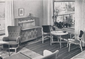 Un salon suédois avec des meubles conçus par Caarl-Axel Acking et fabriqués par Svenska Mobelfabrike - Unbekannt