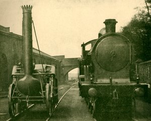 Un modèle grandeur nature de la Rocket de Stephenson à côté d