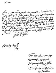 Une lettre écrite par John Dryden 1631-1700, poète anglais, 1699 1840