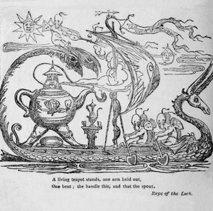 Une théière vivante se tient, un bras tendu, un autre plié, la poignée ceci, et cela le bec, vers 1820