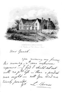 Une note de Sterne à Garrick, et une vue de la maison de Sterne dans le Yorkshire, 18ème siècle, 1840