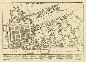 Copie réduite du plan au sol de Fisher du palais royal de Whitehall, 1680, 1881