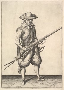 Un soldat secouant la poudre du haut de la poêle, de la série des Mousquetaires, planche 19 - Unbekannt