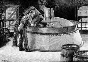 Ajout de houblon à la bière en ébullition dans une brasserie américaine, 1885