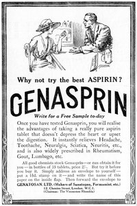 Publicité pour Genasprin, une marque déposée du médicament Aspirin, 1919