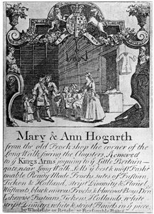 Publicité pour la boutique de drapiers de Mary et Ann Hogarth, début-milieu du XVIIIe siècle, 1901