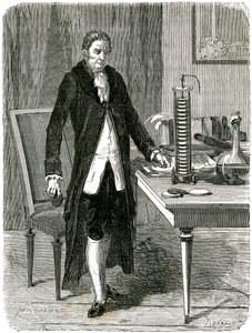 Alessandro Volta, physicien italien, démontrant sa pile électrique, vers 1800 vers 1870 - Unbekannt