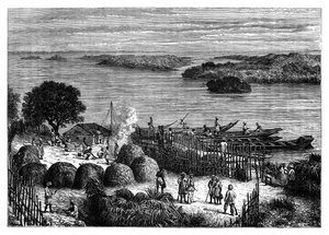 Un campement sur le fleuve Congo, Afrique, vers 1890