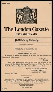 Un bulletin extraordinaire de la London Gazette annonçant la mort du roi George V, 1865-1936 - Unbekannt