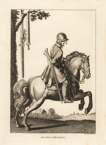Ancien dragon à cheval avec casque, mousquet et corne à poudre - Unbekannt