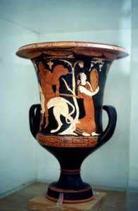 Vase grec antique avec décoration à figures rouges, incluant une danseuse, Ve siècle av. J.-C.