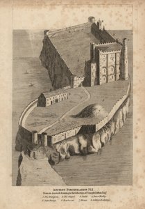 Fortification ancienne : donjon 1, chapelle 2, écurie 3, basse-cour intérieure 4, basse-cour extérieure 5, barbacane 6, mont 7 et logements des soldats 8 - Unbekannt